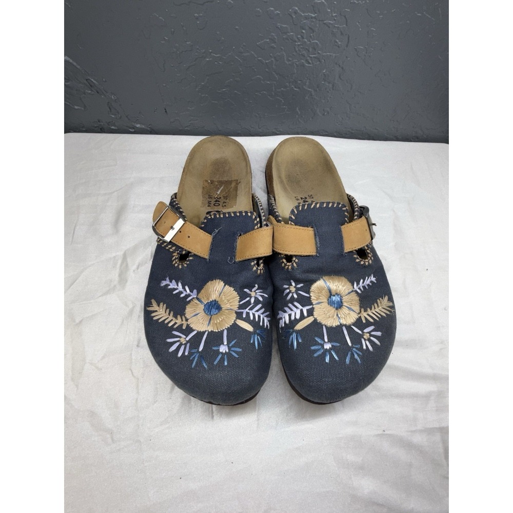 Betula by Birkenstock Floral Embroidered Canvas Clogs Mules Navy EU 37 W 6